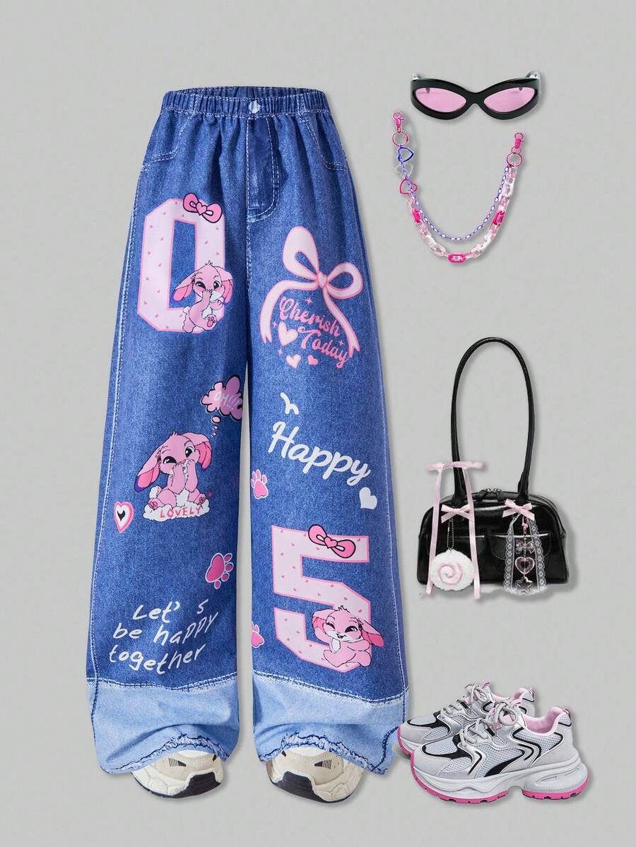 SHEIN ChillGRL Tween Girl Printed Wide Leg Loose Casual Pants