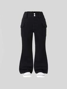 SHEIN ChillGRL 年轻女孩休闲多口袋弹性腰部黑色洗水牛仔喇叭牛仔裤