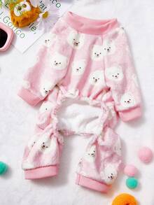 PETSIN 1pc Beige Teddy Bear Head Printed Pet Jumpsuit Pink Autumn And Winter Flannel Warm And Comfortable Pet Warm Clothes - Multicolor - View 3