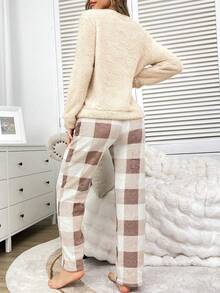 SHEIN 女士休闲毛绒长袖家居服套装，秋冬款 - 米色 - 查看 2