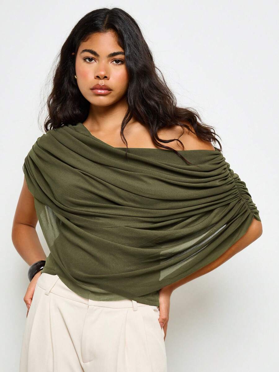 AiiRZ Draped Off Shoulder Top With Ruched Detailing For Spring Summer Casual Wear - Army Green - View 1