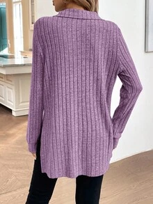 Easowa 女式秋冬毛绒罗纹 Polo 领长袖长 T 恤 - 紫色 - 查看 2