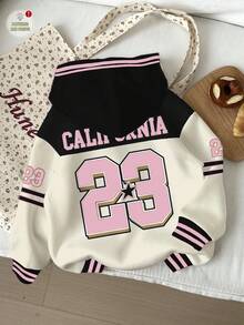 SHEIN Leap Crew 少女休闲复古字母数字徽章图案宽松圆领长袖卫衣，运动学院风，秋冬季舒适百搭，棒球夹克，女童外套，E-girl服装，女童棒球夹克 - 彩色 - 查看 3