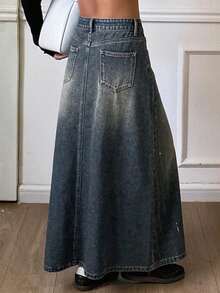 DAZY Vintage Washed Denim A-Line Casual Retro Long Skirt For Women, Autumn/Winter Y2k - Blue - View 2