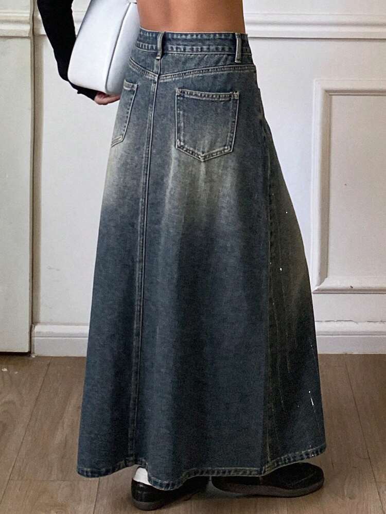 Vintage Washed Denim A-Line Casual Retro Long Skirt For Women, Autumn/Winter Y2k
