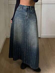 DAZY Vintage Washed Denim A-Line Casual Retro Long Skirt For Women, Autumn/Winter Y2k - Blue - View 3