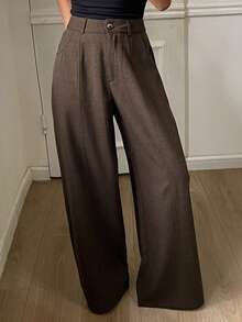 DAZY Women's Loose Solid Color Wide Leg Pants, Casual Street Style, Autumn/Winter - Brown - View 5