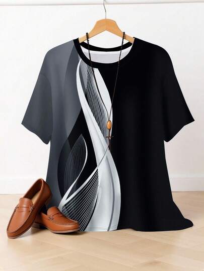 INAWLY 女式舒适拼布拼色全印花短袖T恤