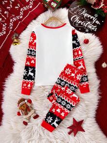 SHEIN 女孩可爱驯鹿圣诞印花柔软弹力长袖和裤子两件套睡衣套装 - 彩色 - 查看 2