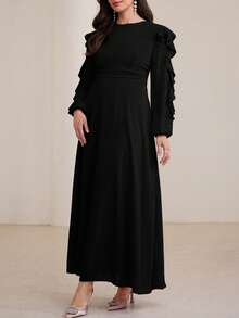 Modelyn Long Round Neck Ruffle Sleeve Black Dress - Black - View 7