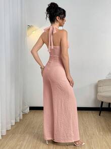 Modelyn 女士金属扣无袖吊带露脐上衣和阔腿连体裤 - 粉色 - 查看 6