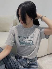 DAZY T-shirt ample à manches courtes pour femmes avec imprimé slogan et encolure ronde pour l'été, t-shirts graphiques, vêtements de rentrée scolaire - Gris - Voir 3