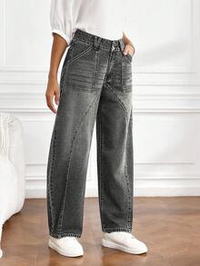 SHEIN Tall Women's Solid Color Casual Everyday Denim Jeans - Dark Grey - View 5