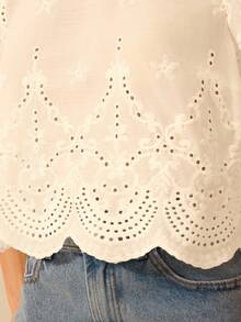 CAJUNI 女士度假休闲水溶蕾丝镂空肩部褶皱短款衬衫