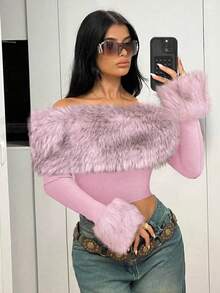 SHEIN ICON 女士 Y2K 短款修身露肩毛绒长袖 T 恤 - 粉色 - 查看 5