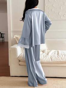 DAZY 3pcs Set Women Satin Lace Patchwork Robe, Camisole And Long Pants Pajama Set, Fall Winter Clothes - Baby Blue - View 2