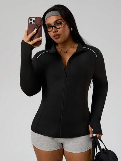 Rhythm Era Chaqueta deportiva de manga larga con cierre frontal ajustada de unicolor para mujer de talla grande