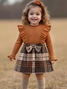 SHEIN Babygirl Cute Casual Collegiate Style Knit Ruffle Trim Long Sleeve Top & Plaid Mini Skirt Set 2pcs Set Toddler Girls Fall Girls Clothes Baby Thanksgiving Dress Brown Toddler Outfit Girl Baby Fall Dress - Brown - View 1