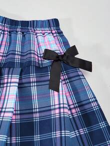 SHEIN ChillGRL 2pcs Tween Girls Sweet Loose Design Collared Shirt With Tie & Allover Print Plaid Pleated Mini Skirt Set, Suitable For Daily, Casual, Vacation, Gathering, Spring/Summer - Blue - View 7