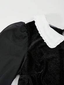 SHEIN ChillGRL Streecool Kids/Teens Girls' Vintage Velvet & Chiffon Puff Sleeve Dress,Black And White,Autumn,Elegant,Party Ruffle Collar Shirt Dress,Back To School - Black - View 7
