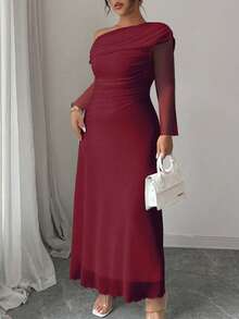 Modelyn Elegantes Kleid in Große Größen im französischen Stil mit geraffter Schulter, Mesh-Einsätzen und Volant-Saum, Langarm - Bordeaux - Übersicht 4