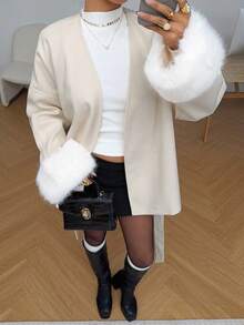 MainGRL Women's White Elegant Patchwork Faux Fur Cuff Overcoat, Autumn/Winter,Old Money Style Women,Fall - White - View 3