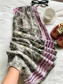 SHEIN Tween Girls' Casual Fashion Street Sporty Full Print Contrast Striped Side Loose Wide Leg Pants - Multicolor - View 1