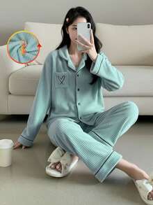 Girls Pajamas Set, Lotus Root Pink, Heart Embroidery, Long Sleeve Top And Long Pants, Sleepwear For Tween Girl - Olive Green - View 8