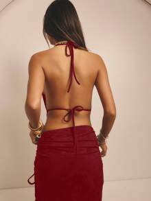 Aralina Halter Neck Cowl Front Open Back Draped Fit Minimalist Style Vacation Women Top - Burgundy - View 2