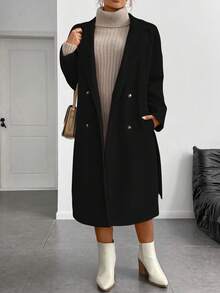 Juhart Plus Size Solid Color Minimalist Long Sleeve Overcoat, Everyday Wear - Black - View 3