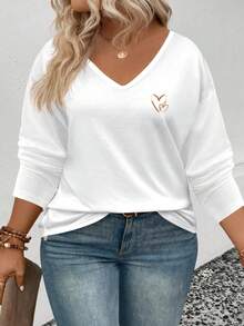 EMERY ROSE Women's Heart Print V-Neck Long Sleeve Plus Size Basic T-Shirt, Popular For Autumn/Winter - White - View 6