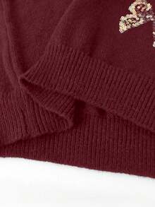 SHEIN Clasi Plus Size Women Elegant Bow Beaded Embroidered Pullover Sweater - Burgundy - View 5