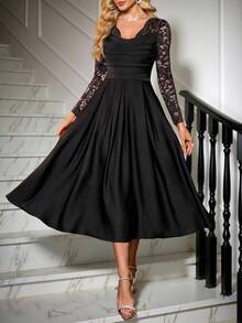 SHEIN Clasi 女士秋冬新款蕾丝拼接荷叶边收腰A字连衣裙，适合派对及多种场合 - 黑色 - 查看 3