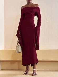 Zivah 2025 夏秋新款，适合生日派对、返校、校园风、日常穿着、休闲、邮轮旅行、海滩、日光浴、潮流、街头风、优雅、通勤、商务休闲、派对、宴会等场合，无肩带设计，胸部褶皱，夸张袖子，绿色，秋季长裙，女士连衣裙 - 酒紅色 - 查看 4