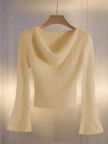 Franclia Women's Autumn Ruffled Collar Long Flare Sleeve Knit Sweater, French Elegant Autumn/Winter Asymmetrical White Pullover, Stretchy Fitted Knit Top