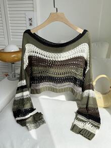 Comfortcana Plus Size Colorblock Striped Hollow Out Cropped Knit Sweater Winter Fall Autumn - Multicolor - View 2