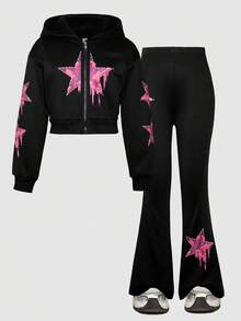 SHEIN ChillGRL 2pcs/Set Tween Girl Casual Zip-Up Hoodie With Star Print And Pants Set - Black - View 7