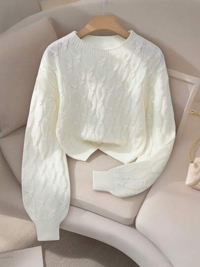 Franclia Suéter de cuello redondo de manga larga con patrón de cable, informal, para otoño/invierno