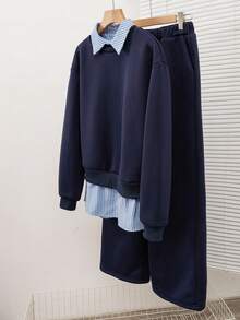 Modelyn 女士条纹拼接卫衣和裤子两件套，优雅时尚 - 彩色 - 查看 6