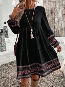 EMERY ROSE Casual Geometric Print Bohemian Style Loose Fit Round Neck Plus Size Dress, Suitable For ,Flower/Spring/Summer/Vacation - Multicolor - View 1