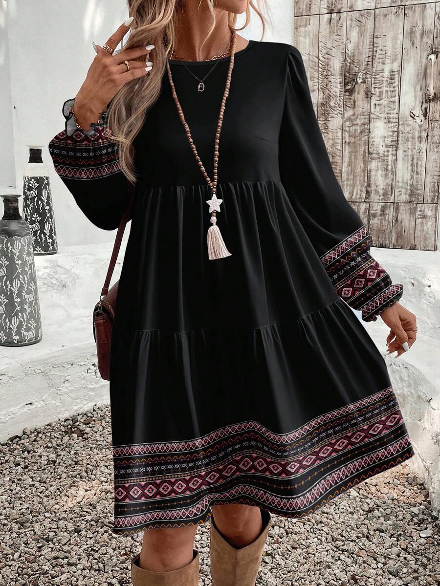 EMERY ROSE Casual Geometric Print Bohemian Style Loose Fit Round Neck Plus Size Dress, Suitable For ,Flower/Spring/Summer/Vacation - Multicolor - View 1