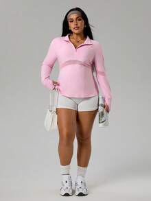 Rhythm Era Sweatshirt Sporty Lengan Panjang Warna Polos Wanita dengan Resleting Setengah di Bagian Depan - Berwarna merah muda - View 6