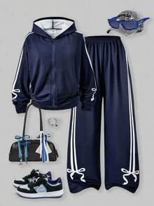 SHEIN ChillGRL 2 件套 Streecool 儿童和青少年拉链连帽印花夹克运动衫 + 直筒蝴蝶和条纹印花裤，休闲街头时尚装，适合春秋季日常、通勤、运动、返校 - 藏蓝色 - 查看 1