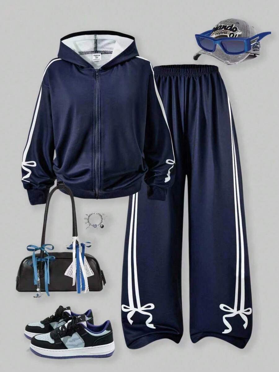 SHEIN ChillGRL 2 件套 Streecool 儿童和青少年拉链连帽印花夹克运动衫 + 直筒蝴蝶和条纹印花裤,休闲街头时尚装,适合春秋季日常、通勤、运动、返校 - 藏蓝色 - 查看 1