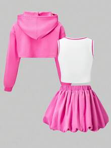 SHEIN ChillGRL 3 件套青少年女孩休闲连帽衫、图案背心和花卉印花泡泡裙套装，适合日常穿着、返校、春夏秋套装、秋装 - 粉色 - 查看 2
