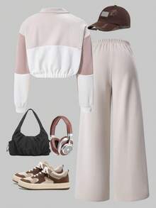 SHEIN ChillGRL 两件套 Streecool 儿童青少年女孩休闲街头时尚针织翻领卫衣 + 纯色针织直筒裤套装，适合春秋季日常休闲、运动、度假穿着。 - 彩色 - 查看 2