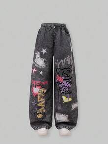 SHEIN Tween Girl Woven Letter Graphic Casual Straight Leg Pants, School, Campus, College Fall Winter