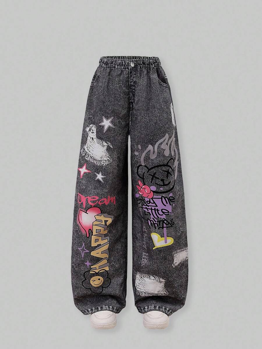 SHEIN Tween Girl Woven Letter Graphic Casual Straight Leg Pants, School, Campus, College Fall Winter