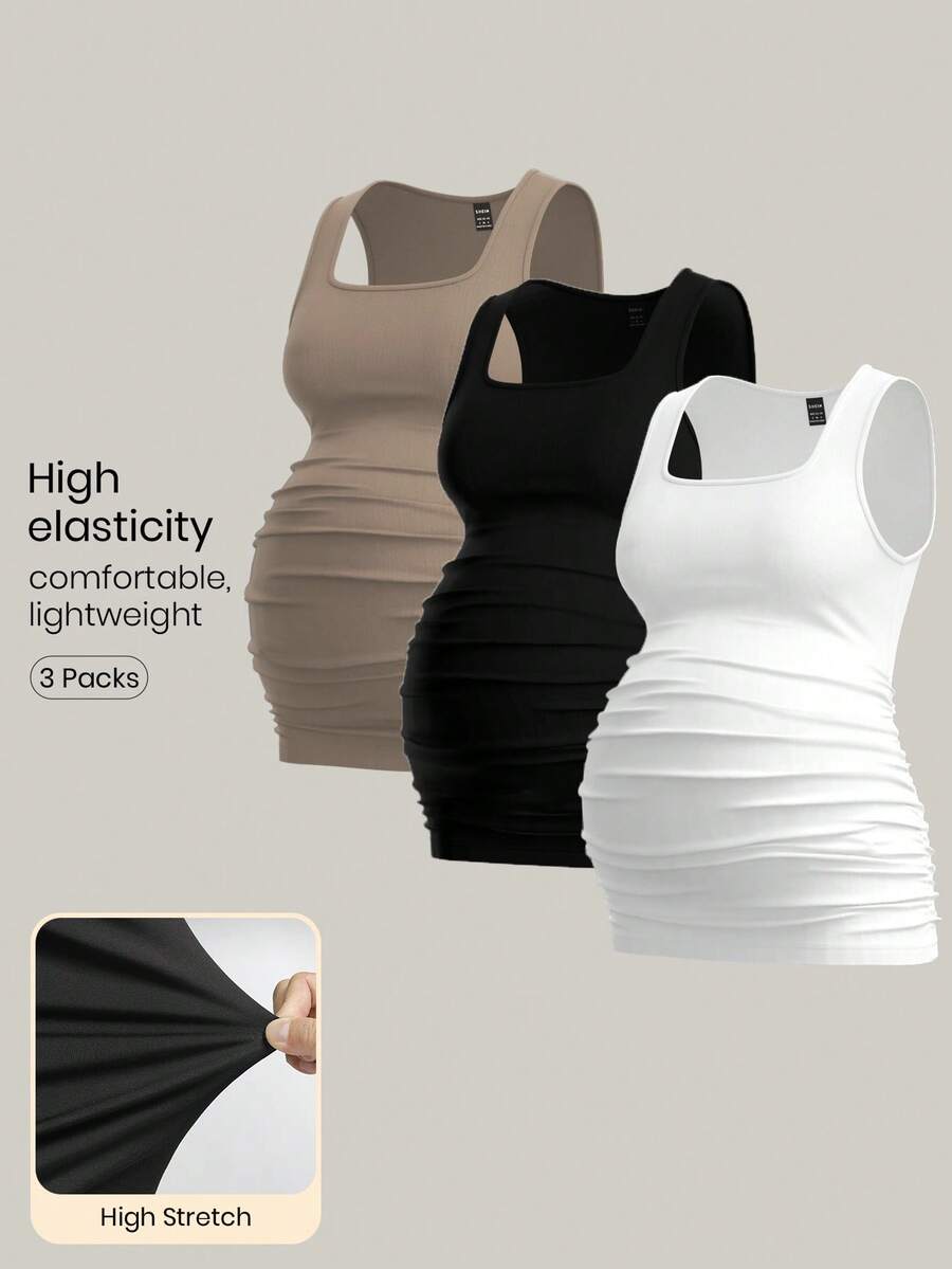 Modmama 3pcs Maternity Women's Solid Color Sleeveless Tank Tops, Casual & Simple, Perfect For Summer - Multicolor - View 1