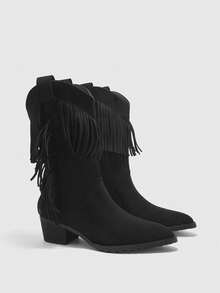 CUCCOO BIZCHIC Women's Western Style Fringe Design Pointed Toe Chunky Heel Ankle Boots, Everyday Wear - Black - View 7